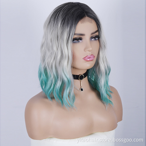 FZY Wholesale Price Good Omens Cosplay Black Roots  gray teal green three tones Ombre color Synthetic hair  lace Wigs Vendor